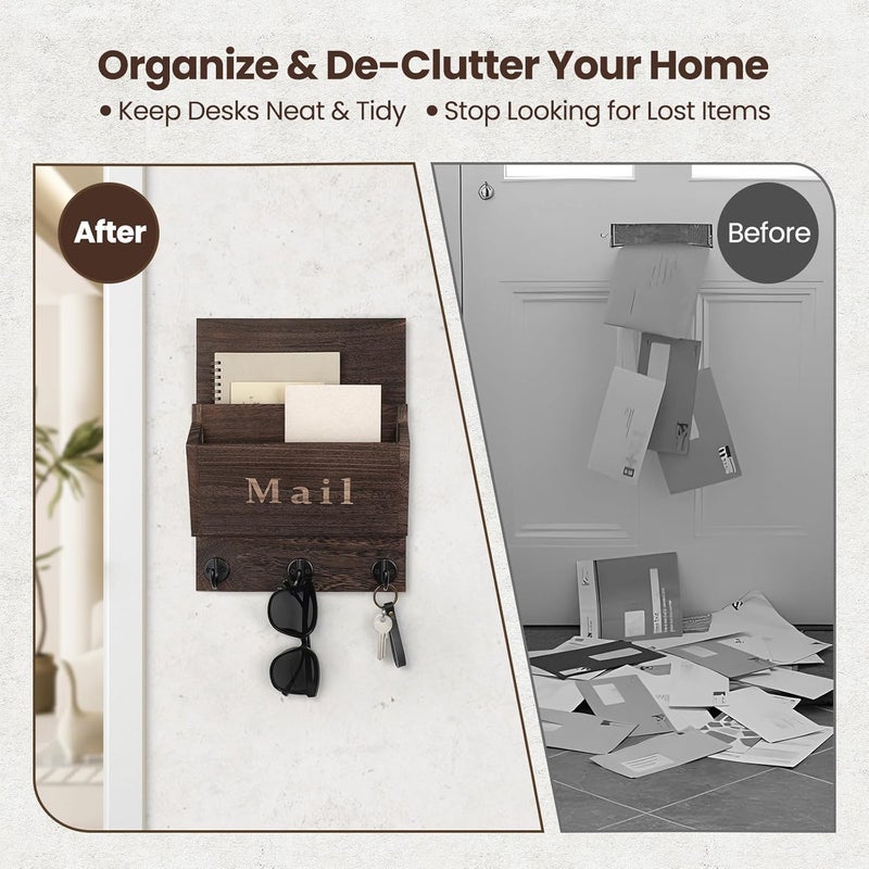 Lucundm Mail and Key Holder - Decorative 9.8" x 12.5" Wall Key Hanger with 2 Mail Organizer Slots and 3 Hooks - Real Paulownia Wood with Keyhole Brackets, Hardware and Instructions (Brown) - Image 2